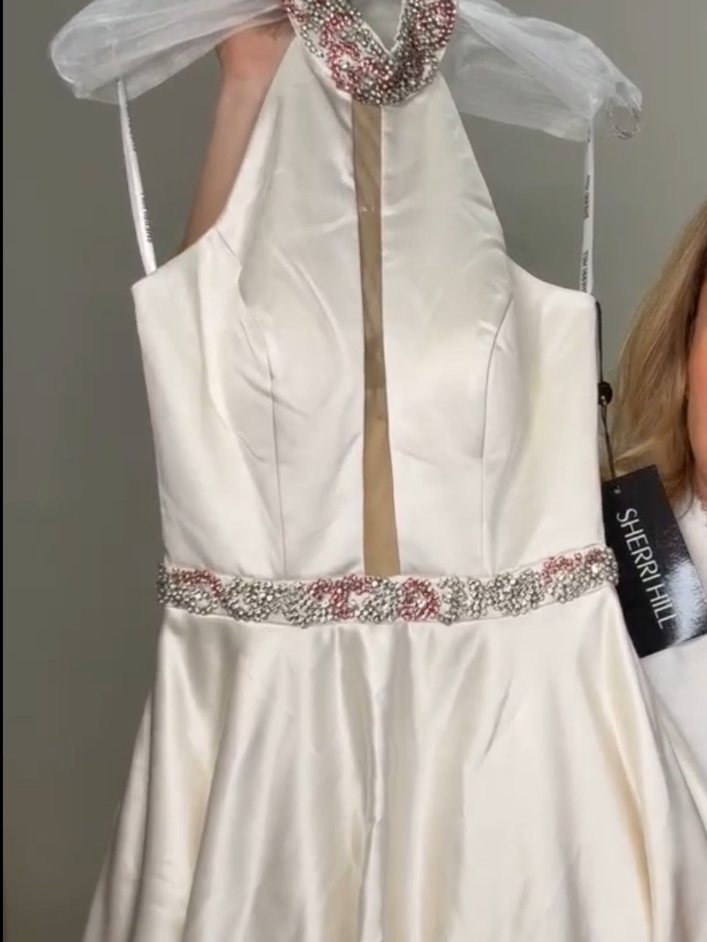 Sherri Hill Ivory Halter Satin Gown with Beaded Neckline and Waist